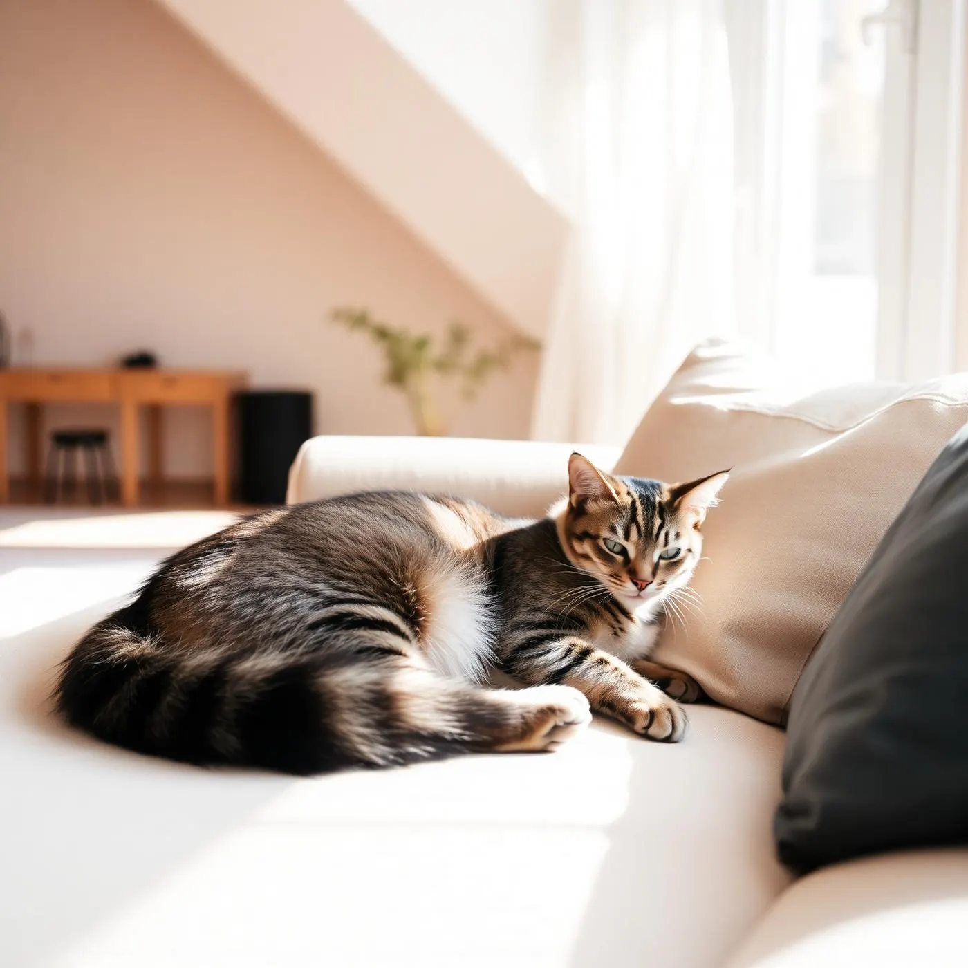 Tabby cat resting on a sunlit cream sofa in a calm modern home