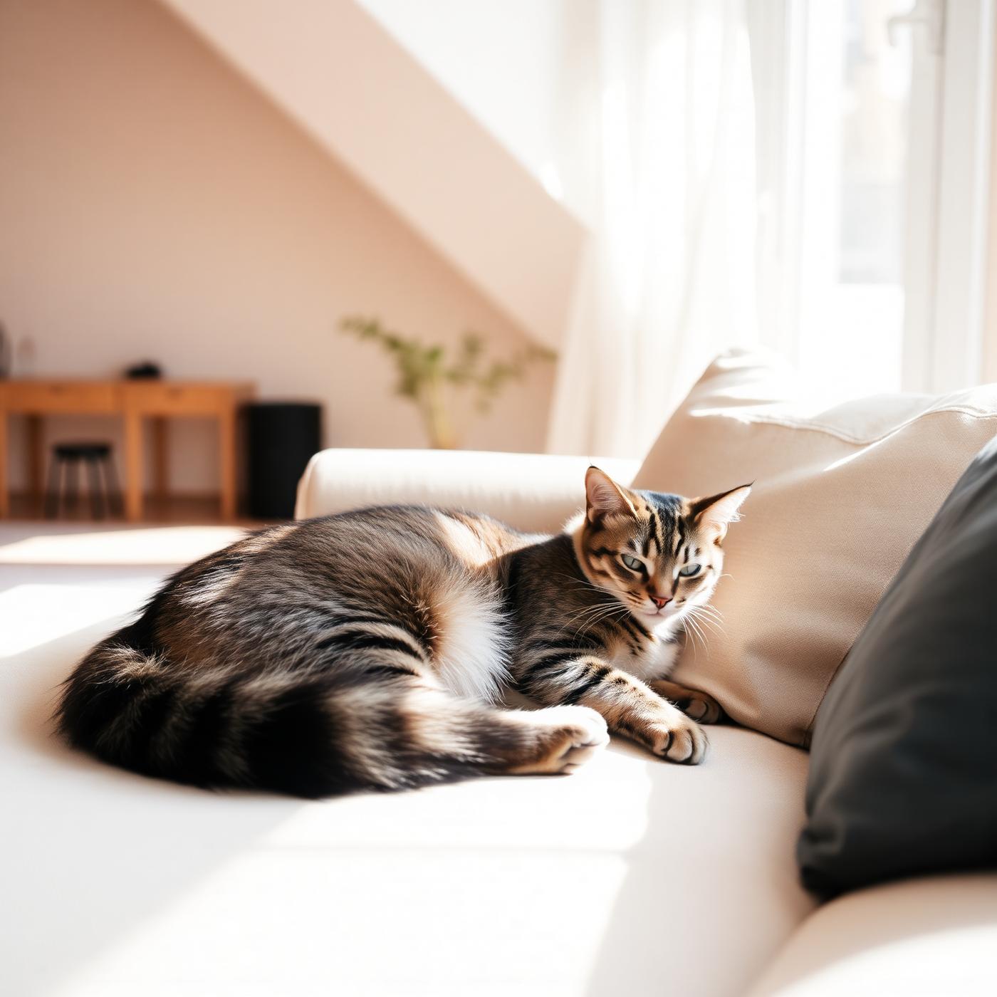 Tabby cat resting on a sunlit cream sofa in a calm modern home