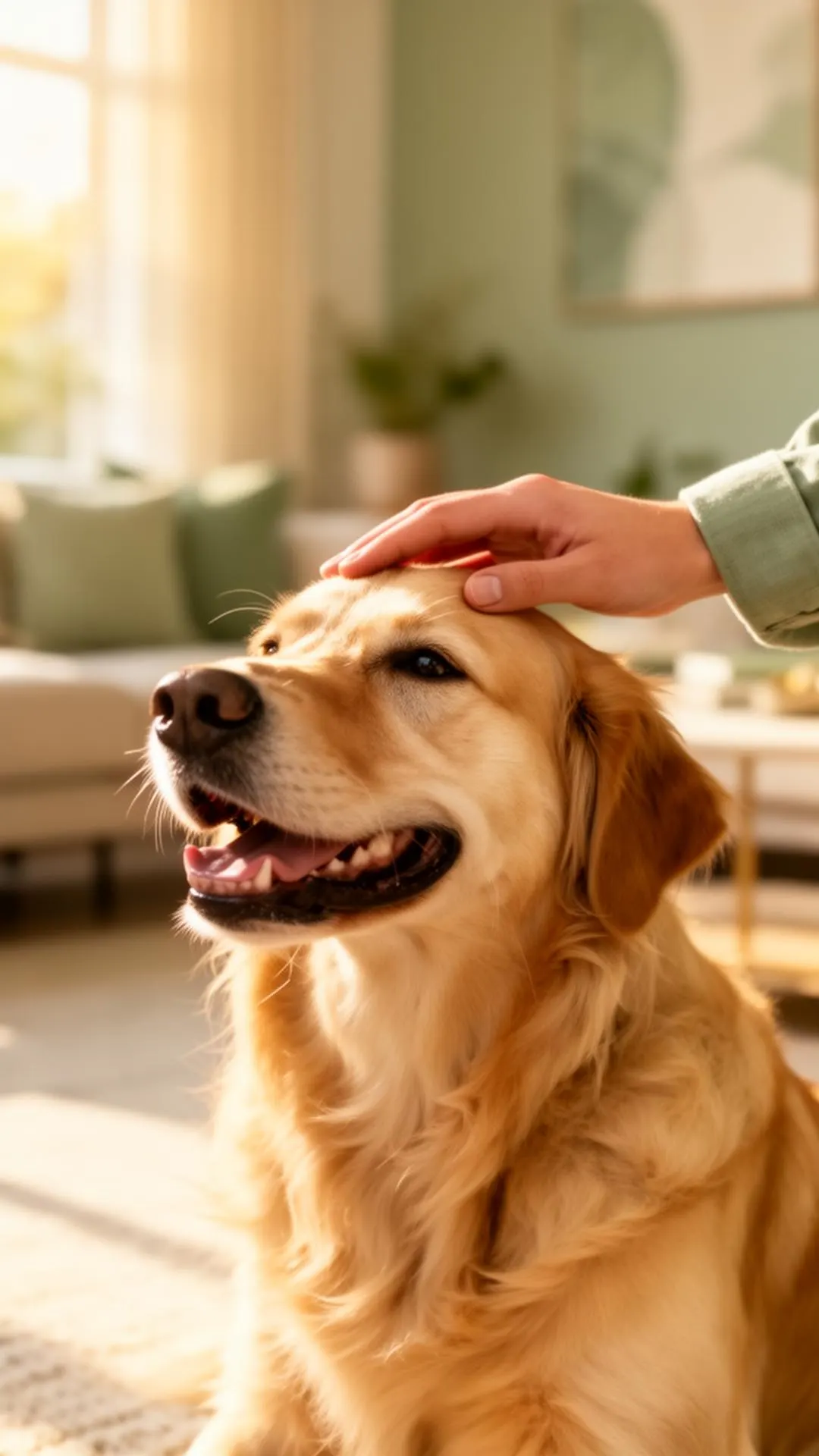 Hand gently petting a happy golden retriever
