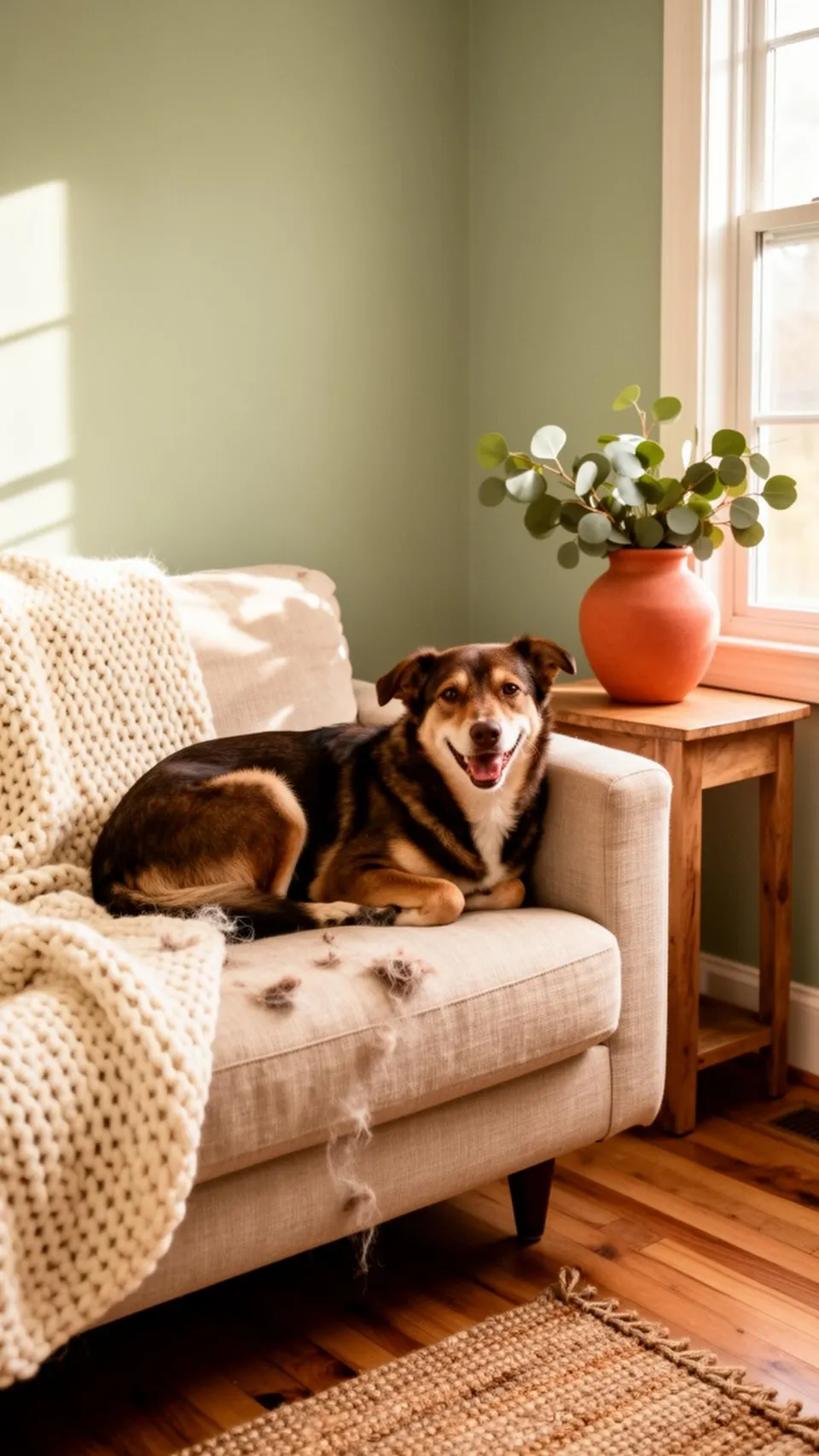 Happy mixed-breed dog curled on a beige linen sofa in a warm, sunlit American home